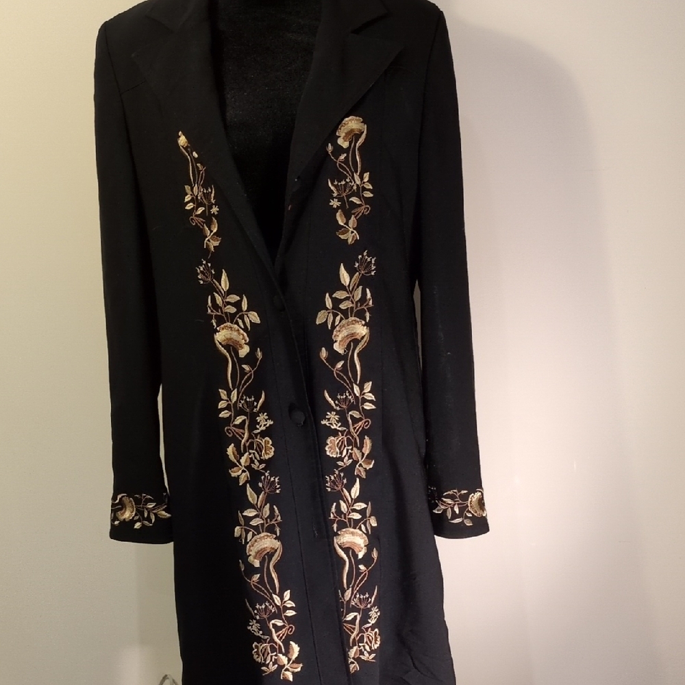 Jessica Elegant Black Trench Coat with Gold Floral Design & Assorted Pants